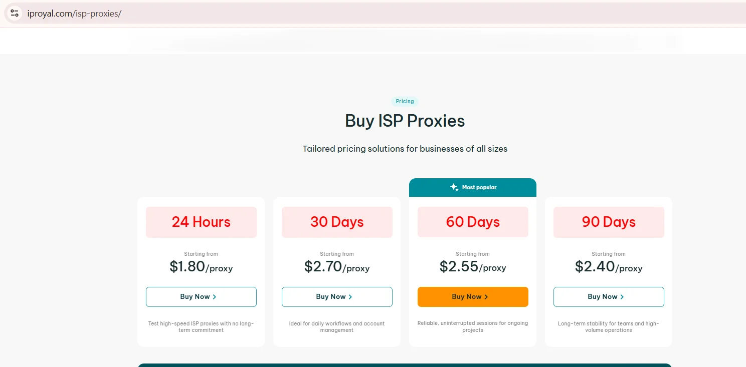 Página de precios de compra de proxies ISP de IPRoyal