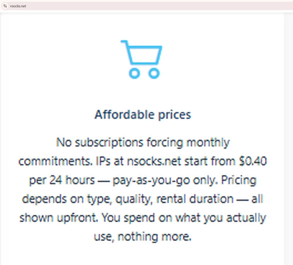 Bloque de precios asequibles de NSOCKS en la página principal