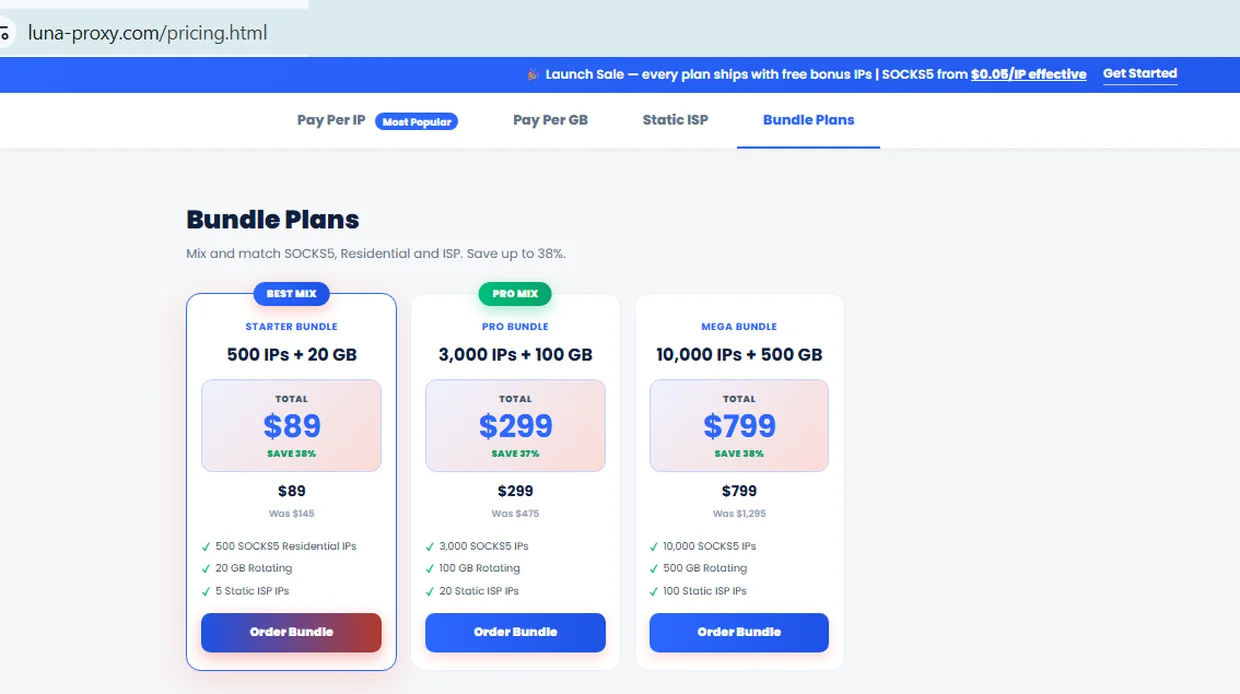 Planes de paquetes de LunaProxy que combinan SOCKS5, residenciales e IPs estáticas