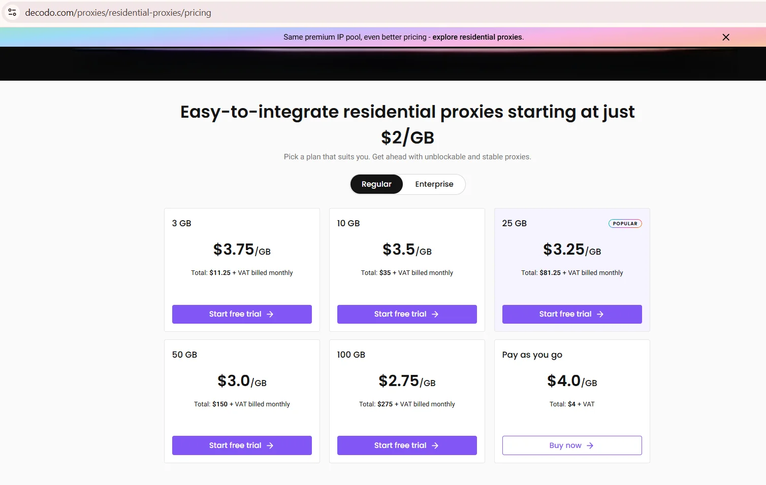 Página de precios de proxies residenciales de Decodo