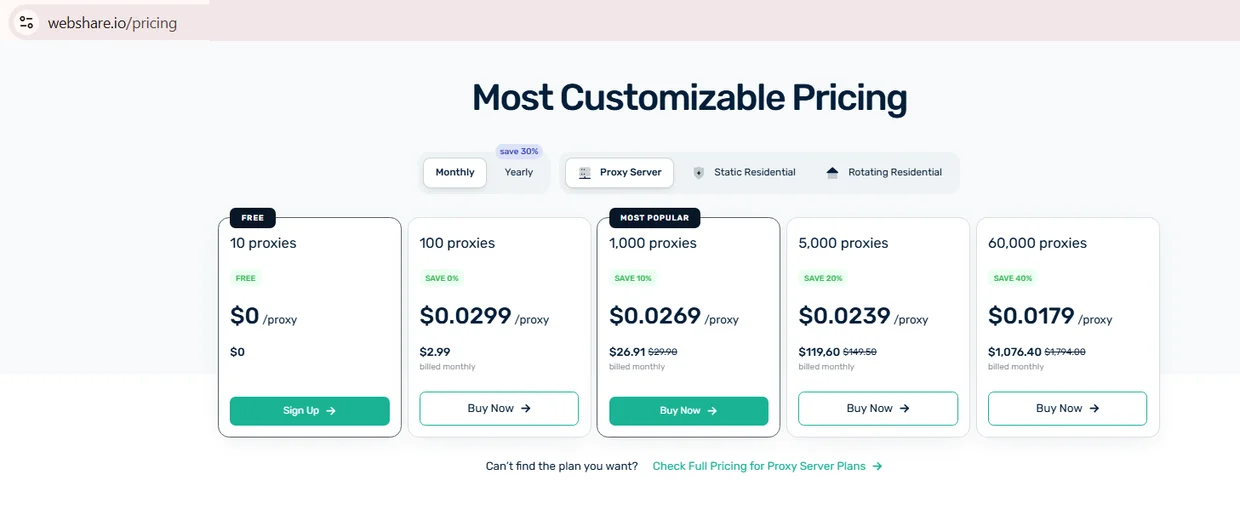 Тарифы прокси-серверов Webshare за штуку