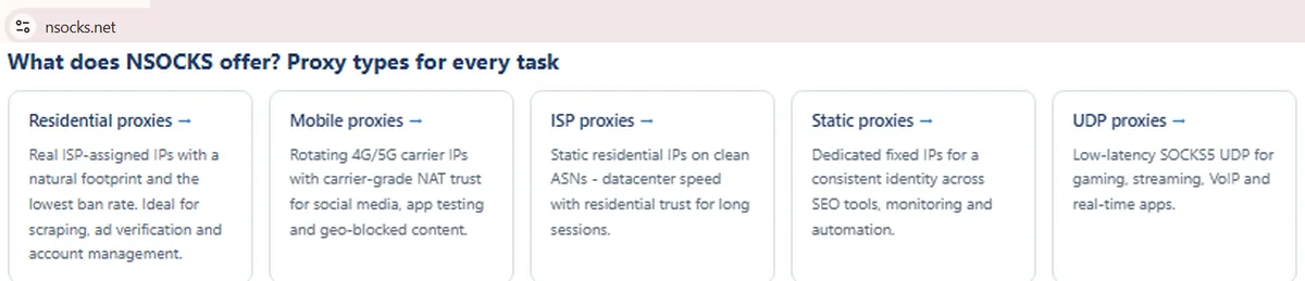 Captura de tela do bloco de tipos de proxy da NSOCKS em nsocks.net
