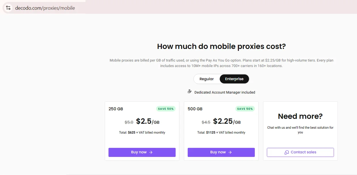 Captura de tela da aba Enterprise de preços de proxies móveis da Decodo