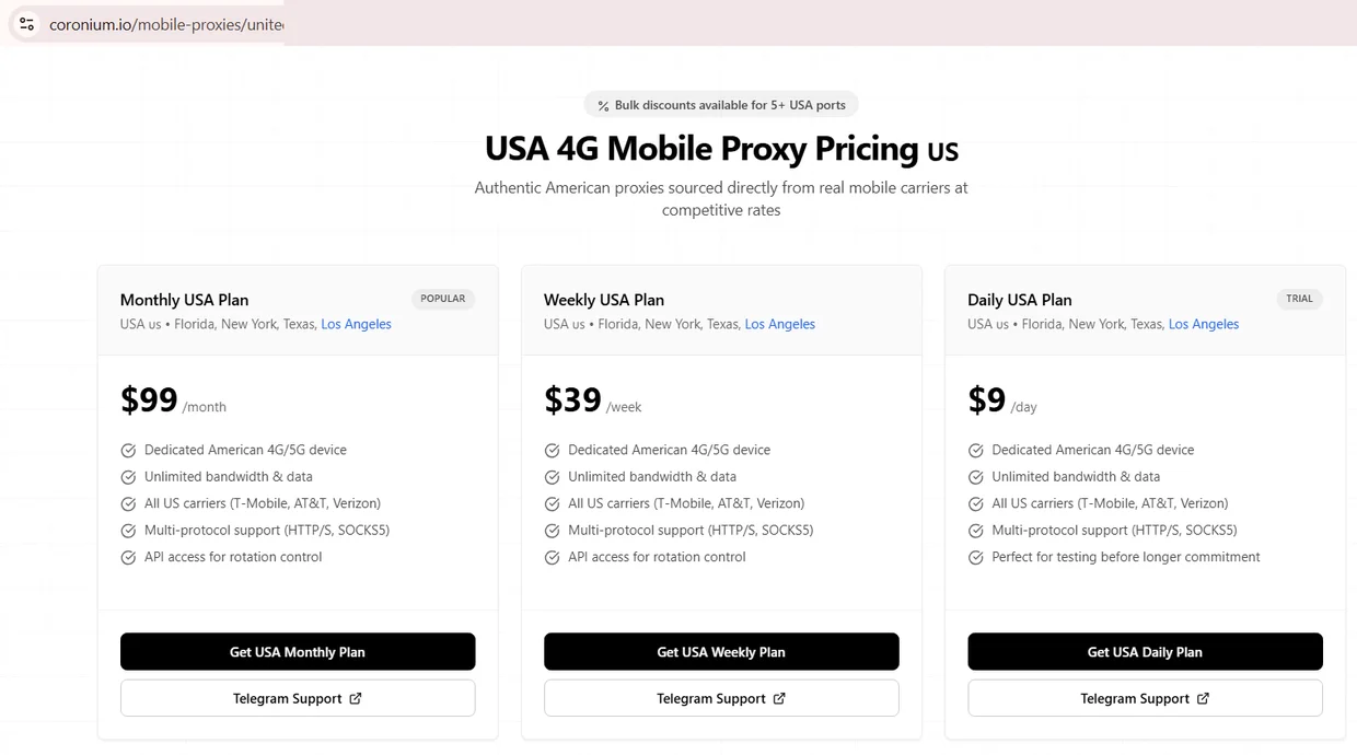 Captura de tela da página de preços de proxies móveis 4G dos EUA da Coronium