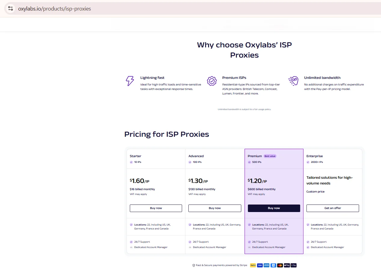 Oxylabs ISP پراکسیز کی پرائسنگ پیج کا اسکرین شاٹ جس پر fair usage policy دکھائی گئی ہے