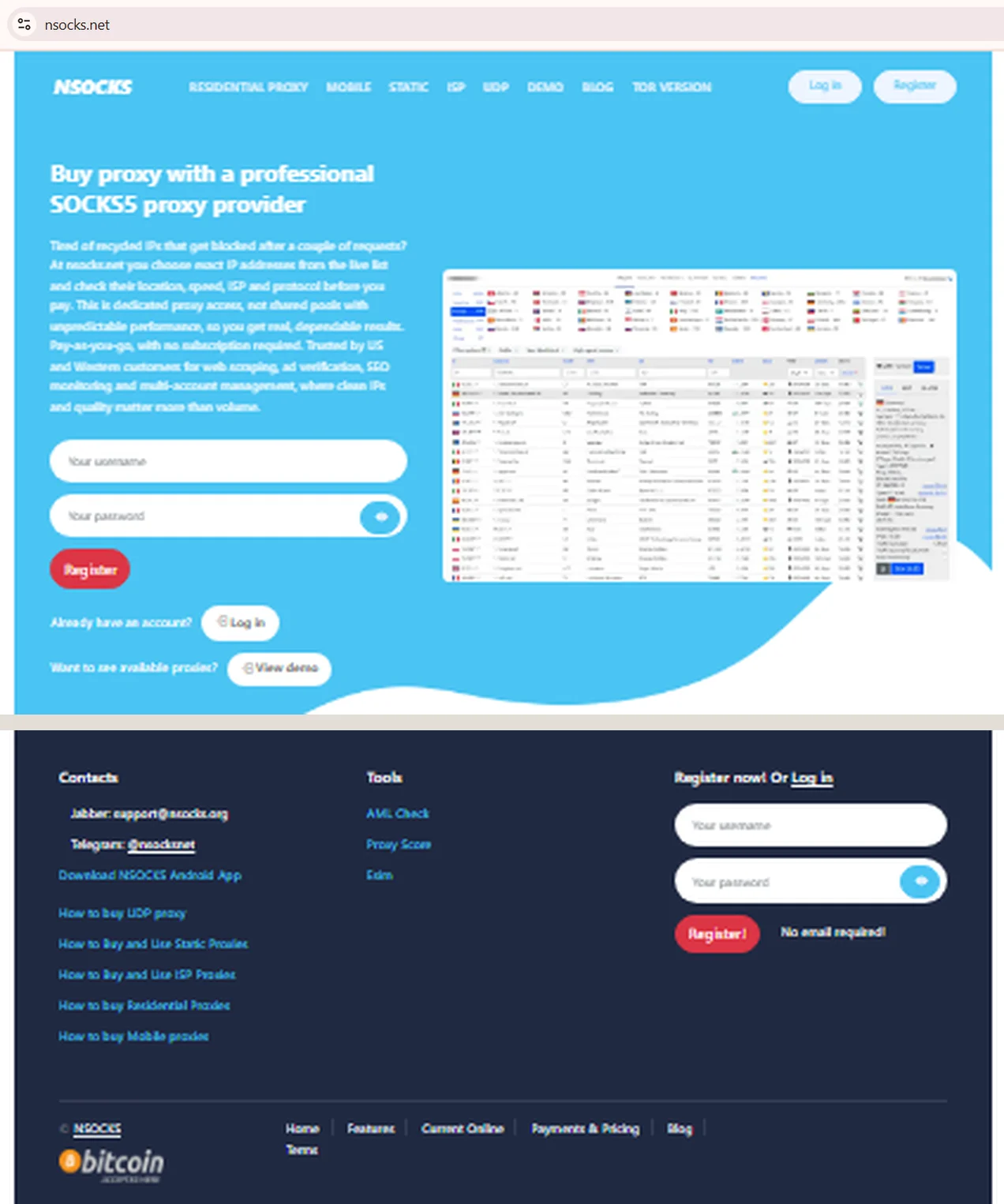 Скриншот главной страницы NSOCKS, показывающий адрес nsocks.net в адресной строке и контакты в футере