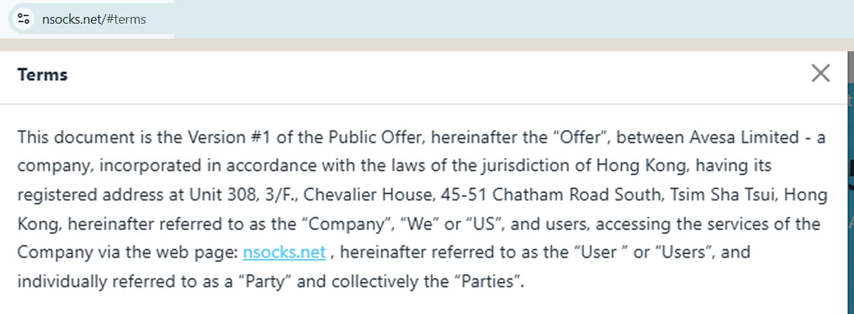 Captura de tela da cláusula de entidade legal da Oferta Pública do nsocks.net