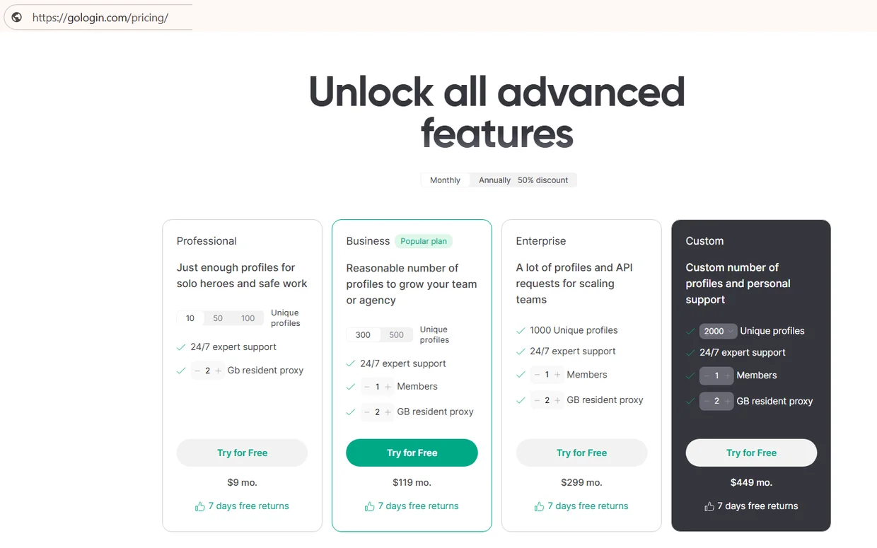 GoLogin 定价页面截图，显示月付价格