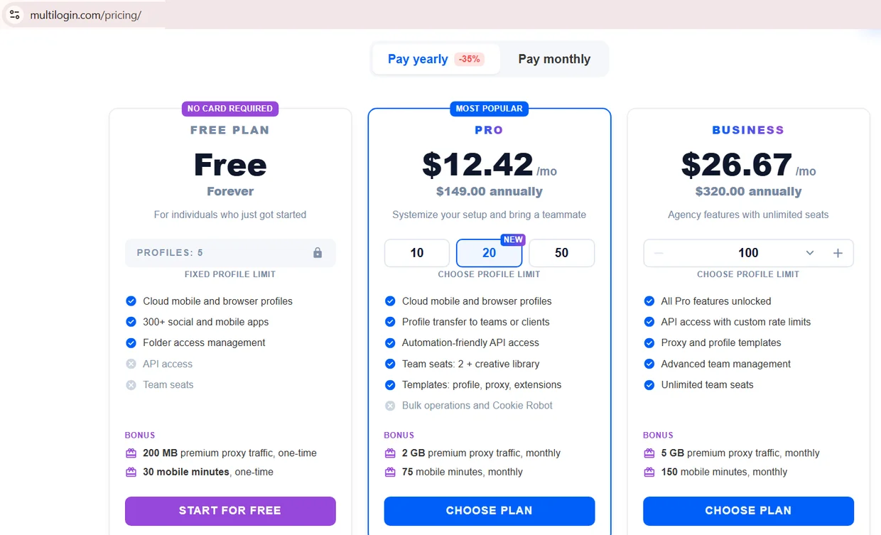 Multilogin 定价页面截图，显示年付价格
