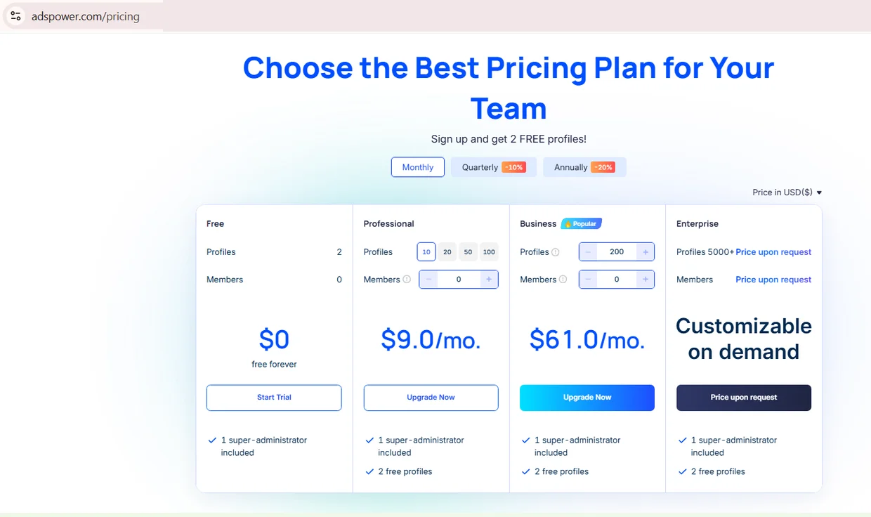 AdsPower 定价页面截图，显示月付价格