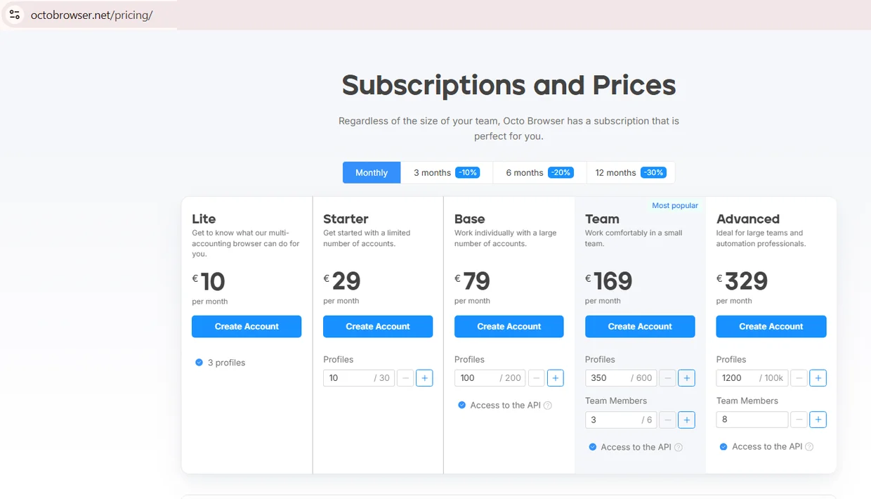Octo Browser 订阅与价格页面截图，月付标签页