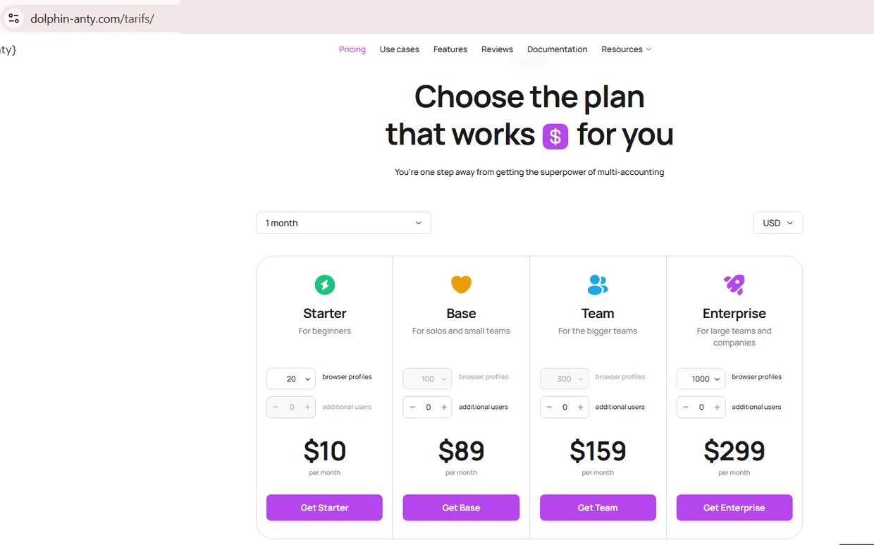 Dolphin Anty 定价页面截图，单月标签页